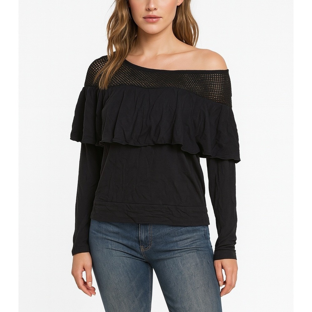 Don't Ask Why Black Ruffle Mesh Top Size Large‎